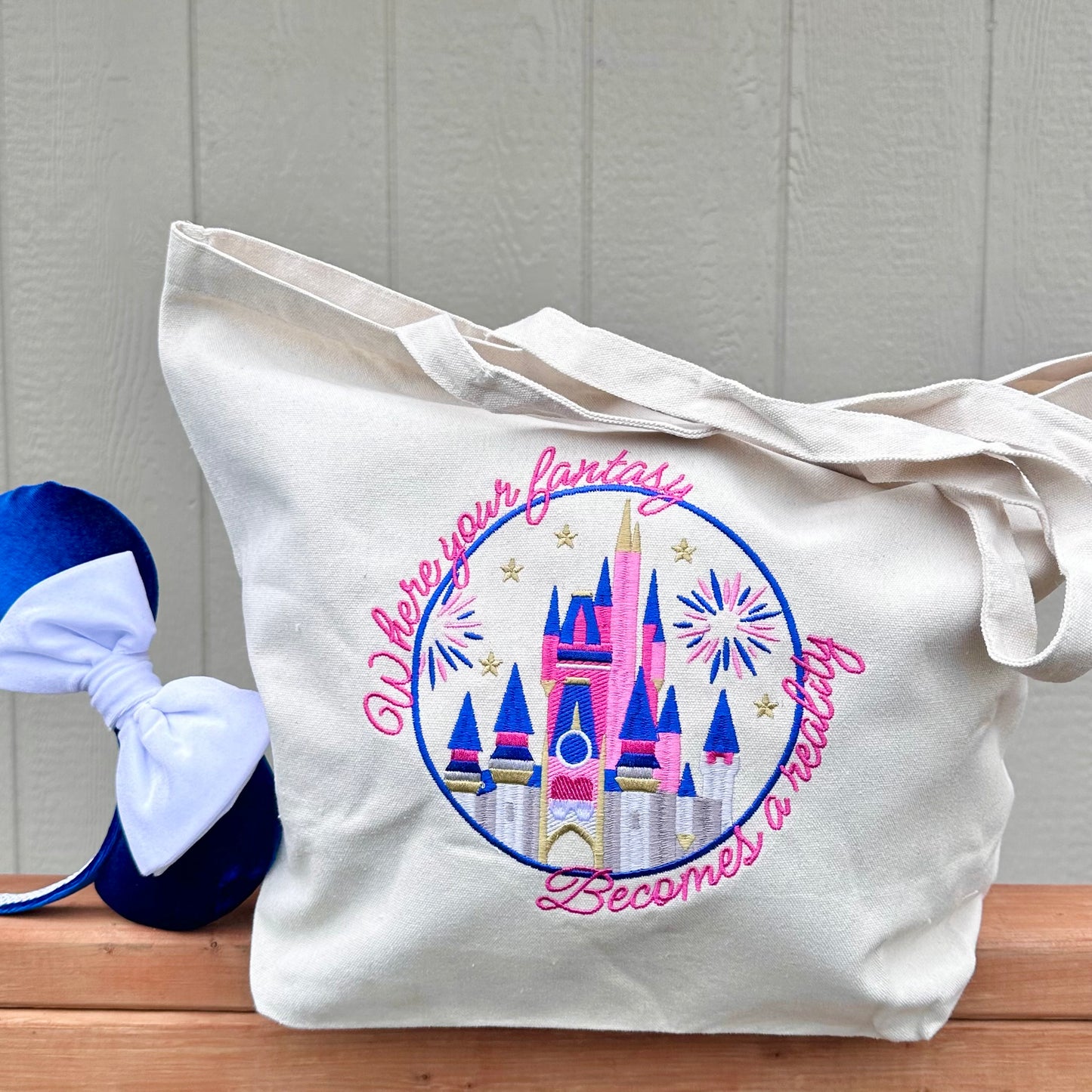 Where your fantasy becomes a reality Embroidered canvas tote