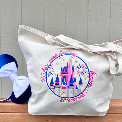 Where your fantasy becomes a reality Embroidered canvas tote